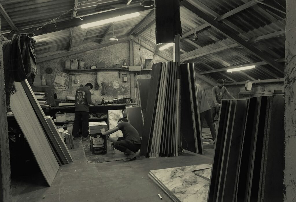Wood materials manufacturing workshop, illustrative stock photography