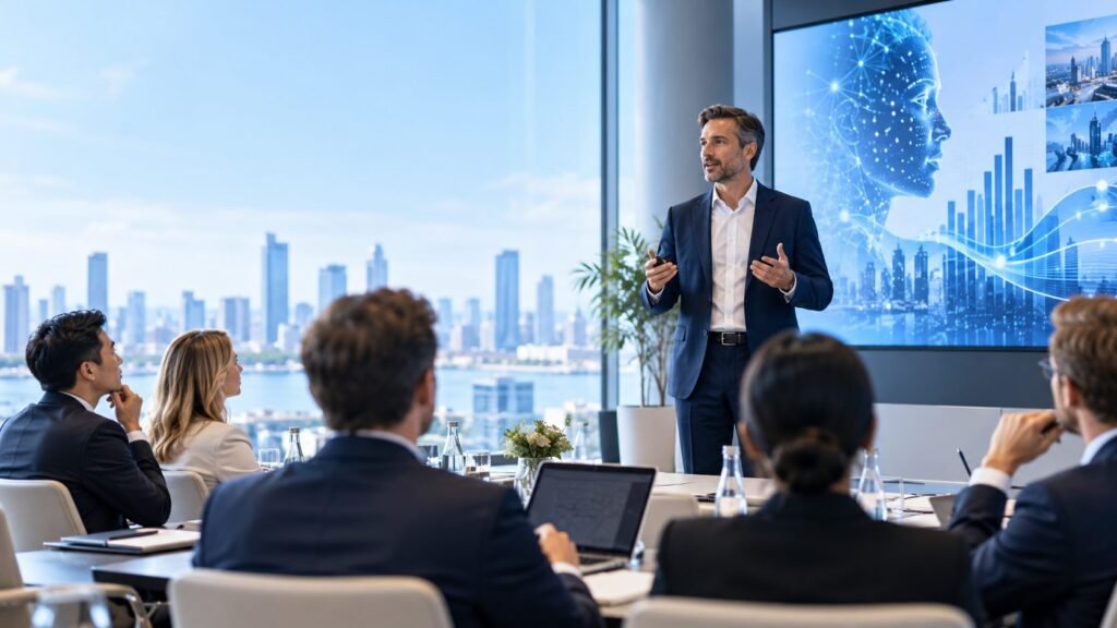 Illustrative visual for ai technology presentation in a city boardroom